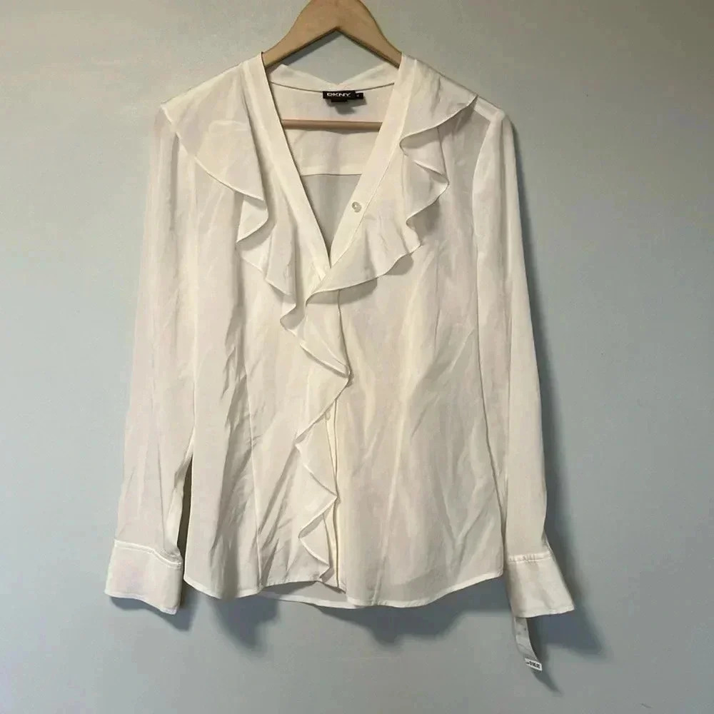 NWT DKNY silk white ruffle blouse with tank top lining